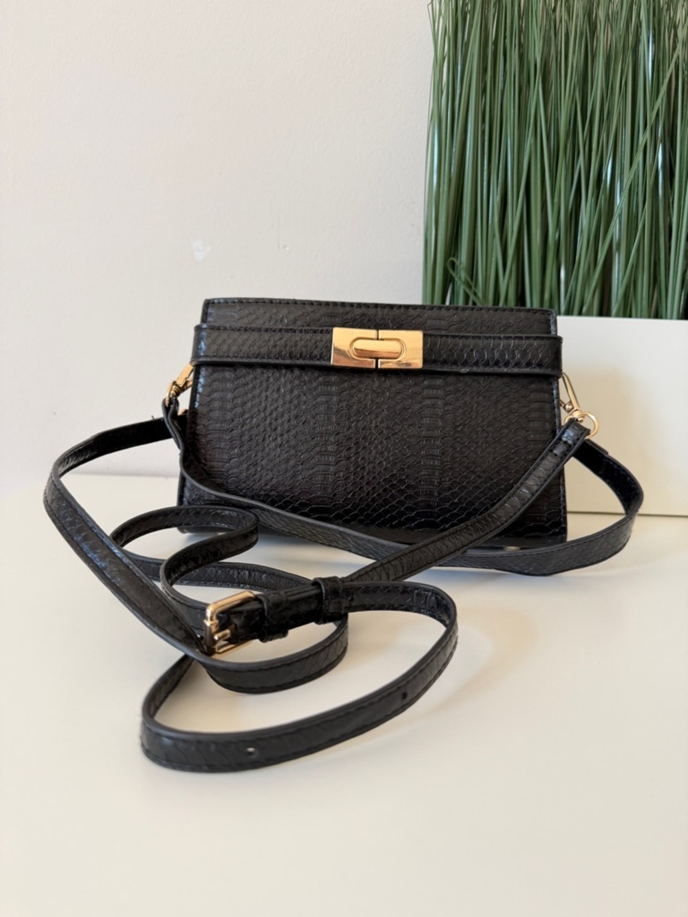 Black Faux-Snakeskin Crossbody Bag with Gold Hardware